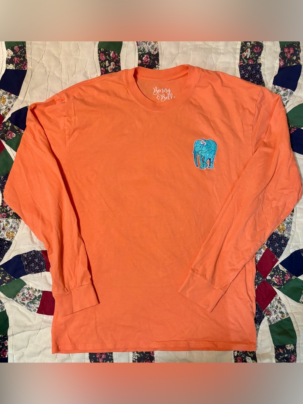 EUC Long-Sleeve Orange Tee with Blue Elephant Graphic